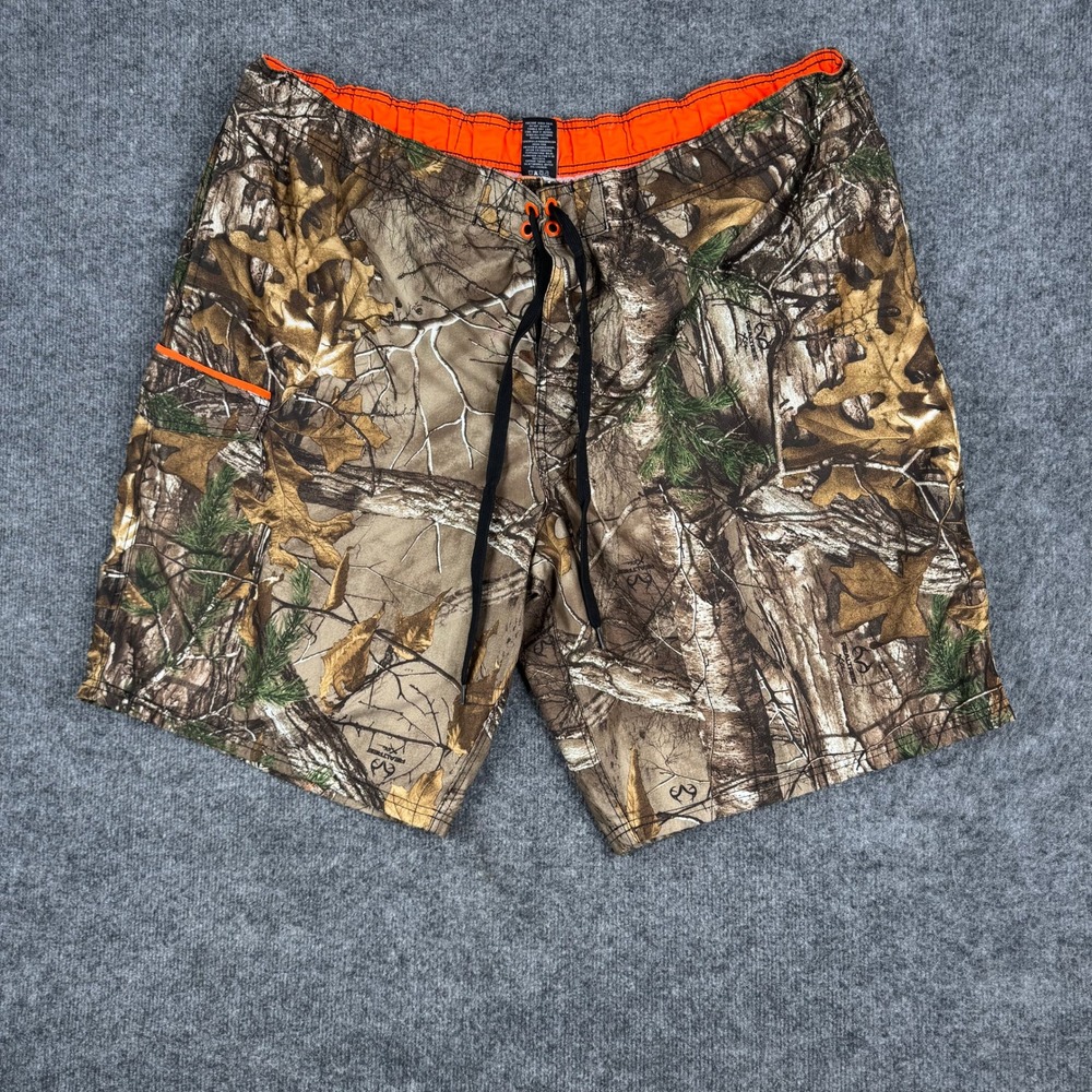Realtree Swim Trunks Mens 3XL Camo Orange Waistband Mesh Lining Cargo Pocket